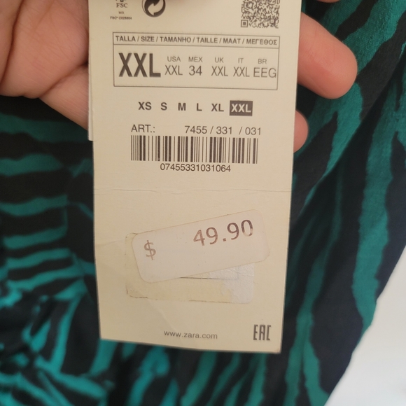 NWT ZARA zebra green black ruched party mini dress elastic puffy sleeves XXL - Picture 4 of 11